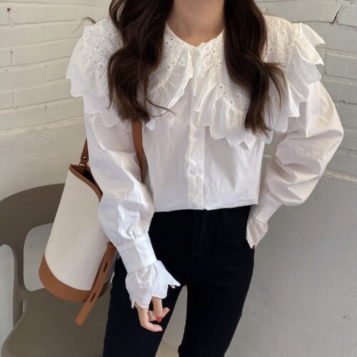 Spring / Autumn Hollow Out Big Lapel Collar Puff Sleeves Loose Solid Blouse - Image 3