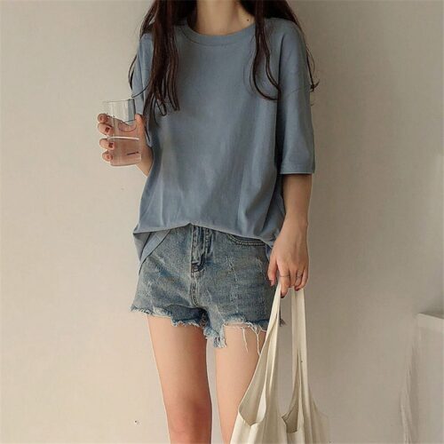 Summer O-Neck Short Sleeves Minimalist Loose Basic T-Shirt - Image 4