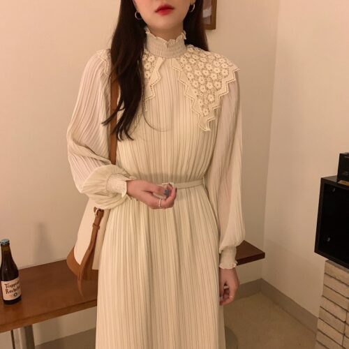 Spring / Autumn Lace Stand Collar Long Sleeves Pleated Midi Dress with Belt - Image 3