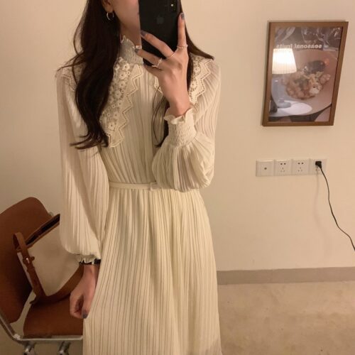 Lace Stand Collar Long Sleeves Pleated Midi Dress