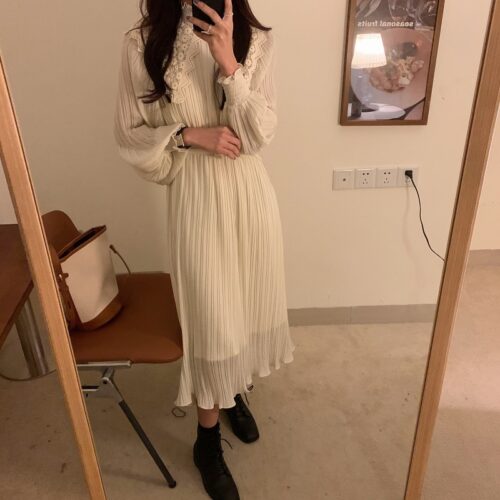 Spring / Autumn Lace Stand Collar Long Sleeves Pleated Midi Dress with Belt - Image 5