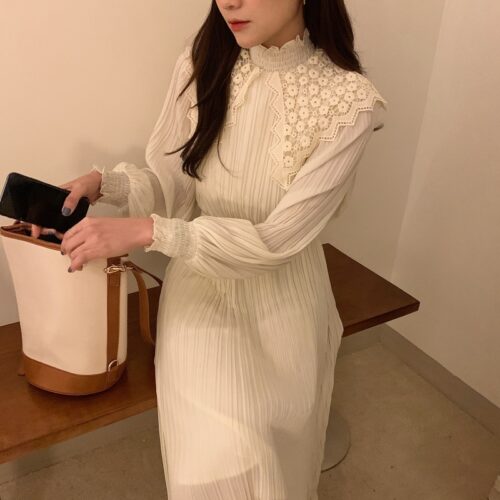 Spring / Autumn Lace Stand Collar Long Sleeves Pleated Midi Dress with Belt - Image 4