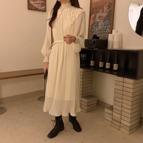 Spring / Autumn Lace Stand Collar Long Sleeves Pleated Midi Dress with Belt - Image 2