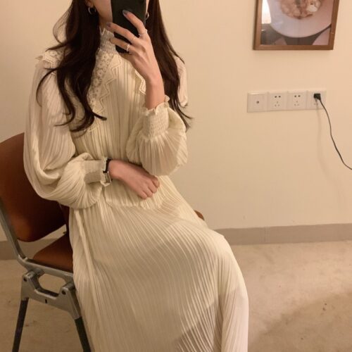 Spring / Autumn Lace Stand Collar Long Sleeves Pleated Midi Dress with Belt - Image 6