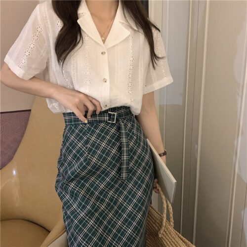 Summer Notched Collar Short Sleeves Embroidery Solid Buttons Blouse - Image 6