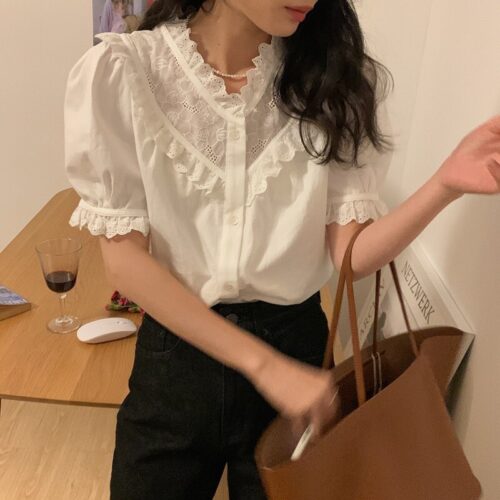 Summer V-Neck Short Sleeves Lace Patchwork Solid Blouse - Image 5