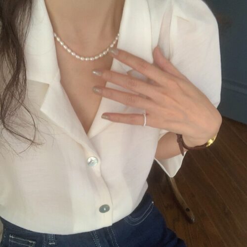 Summer Notched Collar Short Puff Sleeves Minimalist Buttons Blouse - Image 5