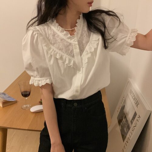Summer V-Neck Short Sleeves Lace Patchwork Solid Blouse - Image 6