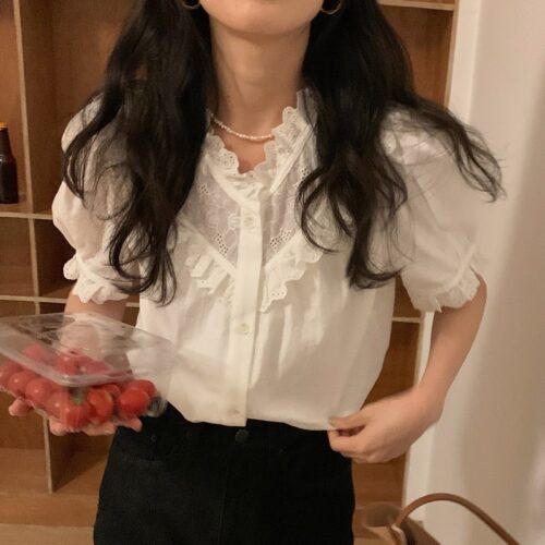 Summer V-Neck Short Sleeves Lace Patchwork Solid Blouse - Image 3