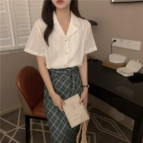 Summer Notched Collar Short Sleeves Embroidery Solid Buttons Blouse - Image 3