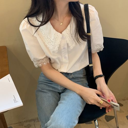 Summer Korean Turn-Down Lace Collar Puff Sleeves Top with Hollow Out Sleeve Edges - Image 4
