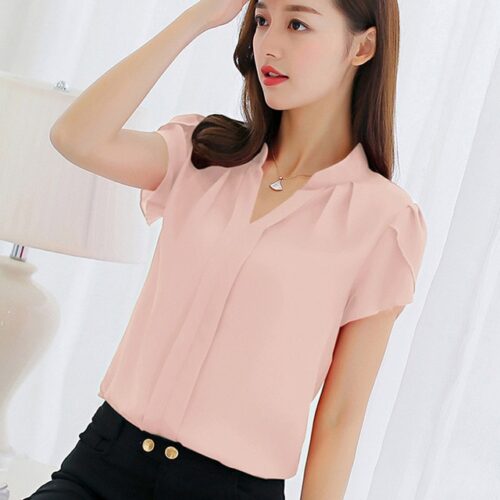Summer V-Neck Petal Short Sleeves Chiffon Office Blouse - Image 5