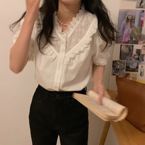 Summer V-Neck Short Sleeves Lace Patchwork Solid Blouse - Image 4