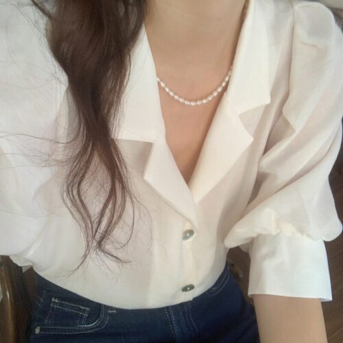 Summer Notched Collar Short Puff Sleeves Minimalist Buttons Blouse - Image 4