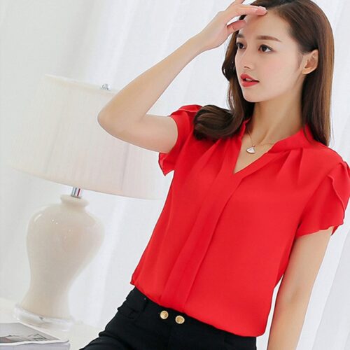 Summer V-Neck Petal Short Sleeves Chiffon Office Blouse - Image 6