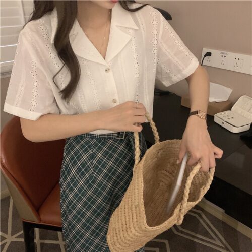 Summer Notched Collar Short Sleeves Embroidery Solid Buttons Blouse - Image 5