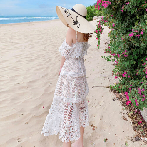 Summer Off-Shoulder Sling Cake Layers Lace Hollow Out Midi Dress - Image 5