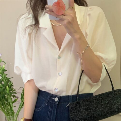 Short Puff Sleeves Minimalist Buttons Blouse