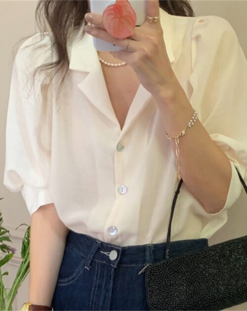 Short Puff Sleeves Minimalist Buttons Blouse