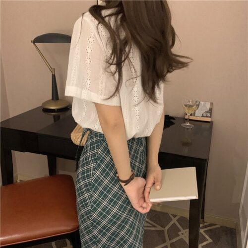 Summer Notched Collar Short Sleeves Embroidery Solid Buttons Blouse - Image 2