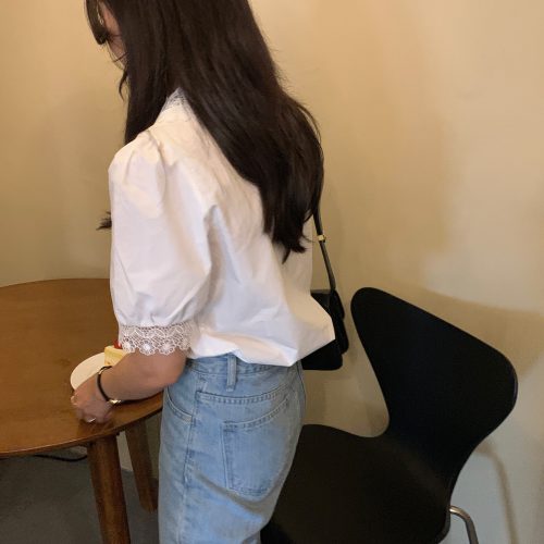 Summer Korean Turn-Down Lace Collar Puff Sleeves Top with Hollow Out Sleeve Edges - Image 2