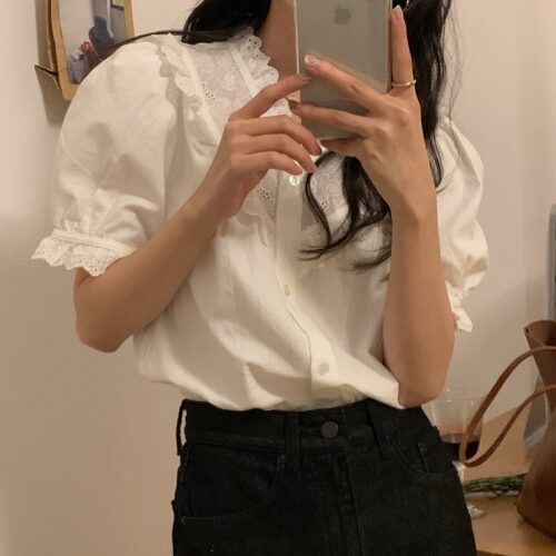 Summer V-Neck Short Sleeves Lace Patchwork Solid Blouse