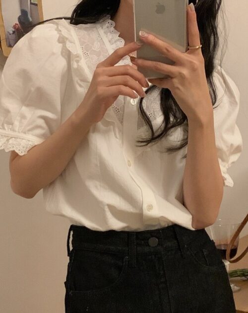 Summer V-Neck Short Sleeves Lace Patchwork Solid Blouse