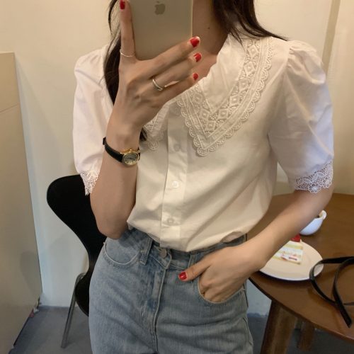 Turn-Down Lace Collar Puff Sleeves Top with Hollow Out Sleeve Edges