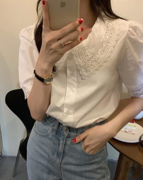 Turn-Down Lace Collar Puff Sleeves Top with Hollow Out Sleeve Edges