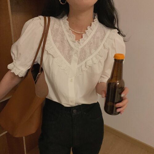 Summer V-Neck Short Sleeves Lace Patchwork Solid Blouse - Image 2