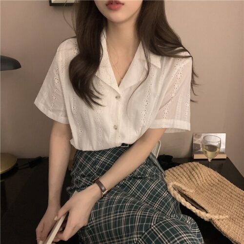 Summer Notched Collar Short Sleeves Embroidery Solid Buttons Blouse - Image 4