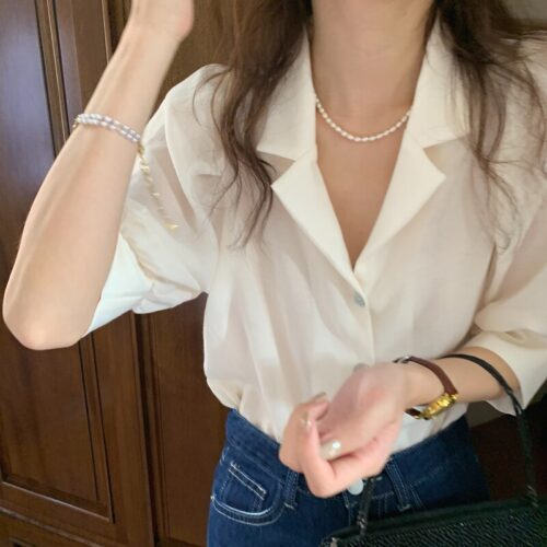 Summer Notched Collar Short Puff Sleeves Minimalist Buttons Blouse - Image 6