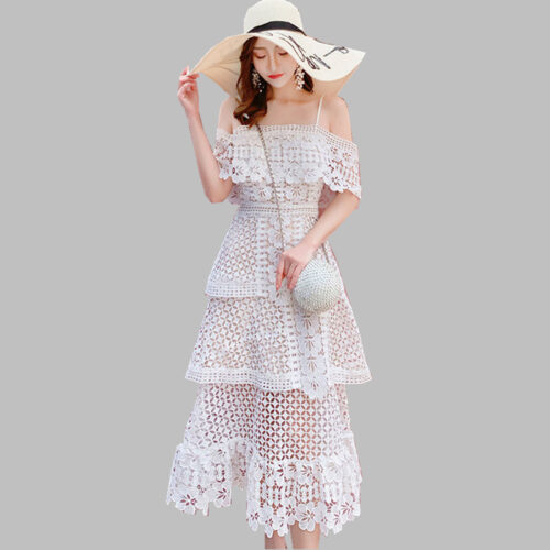 Summer Off-Shoulder Sling Cake Layers Lace Hollow Out Midi Dress