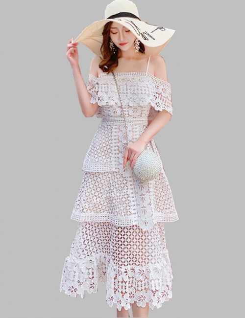 Summer Off-Shoulder Sling Cake Layers Lace Hollow Out Midi Dress