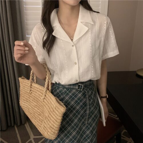 Short Sleeves Embroidery Solid Buttons Blouse