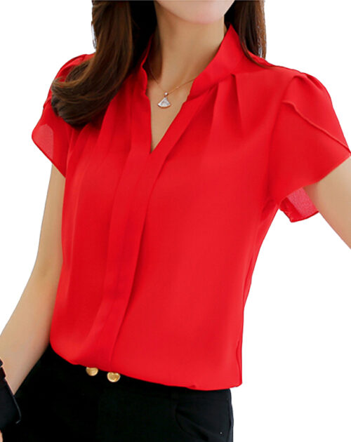 Summer V-Neck Petal Short Sleeves Chiffon Office Blouse