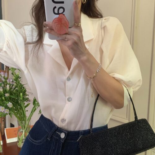 Summer Notched Collar Short Puff Sleeves Minimalist Buttons Blouse - Image 3