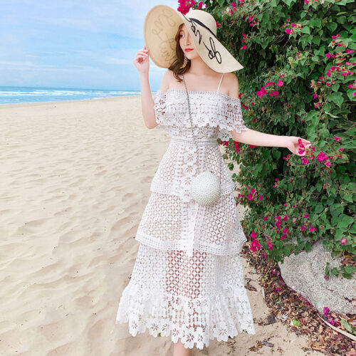 Summer Off-Shoulder Sling Cake Layers Lace Hollow Out Midi Dress - Image 2