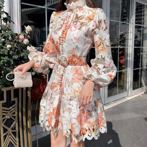 Spring / Autumn Stand Collar Puff Sleeves Hollow Out Lace Mini Dress With Belt - Image 4