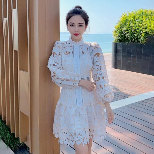 Spring / Autumn Stand Collar Puff Sleeves Hollow Out Lace Mini Dress With Belt - Image 6