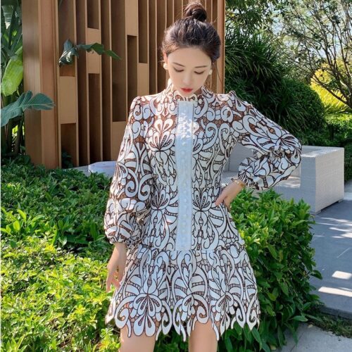 Spring / Autumn Stand Collar Puff Sleeves Hollow Out Lace Mini Dress With Belt - Image 2