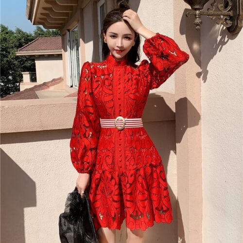 Spring / Autumn Stand Collar Puff Sleeves Hollow Out Lace Mini Dress With Belt - Image 5