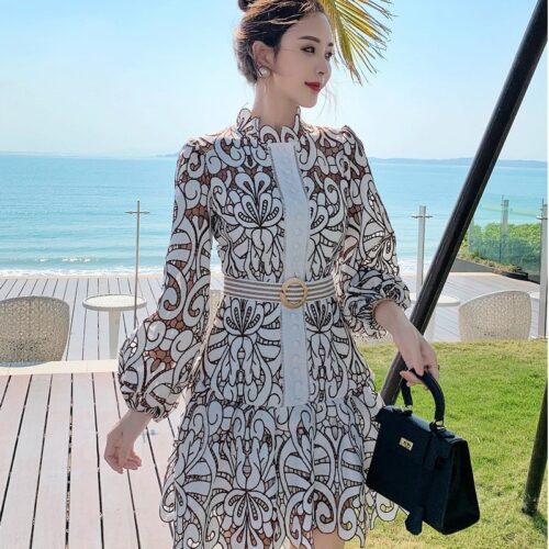 Puff Sleeves Hollow Out Lace Mini Dress