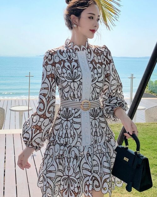 Puff Sleeves Hollow Out Lace Mini Dress