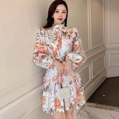 Spring / Autumn Stand Collar Puff Sleeves Hollow Out Lace Mini Dress With Belt - Image 3