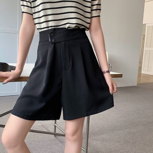 Summer Korean High Waist buttons Loose Solid Shorts