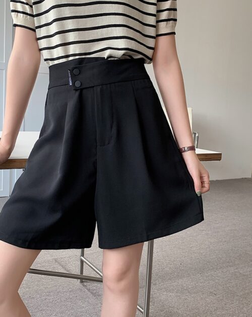 Summer Korean High Waist buttons Loose Solid Shorts