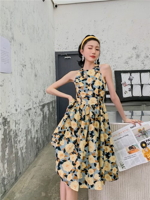 Summer Korean Sleeveless Cotton Linen Open Back Floral Print A-Line Midi Dress - Image 2