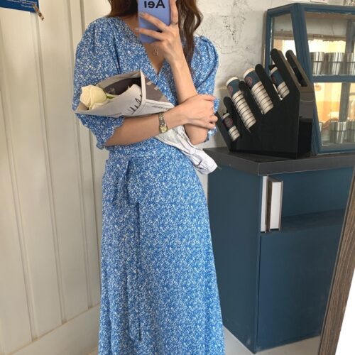 Summer V-Neck Short Sleeves Lace-Up Floral Print Midi Dress
