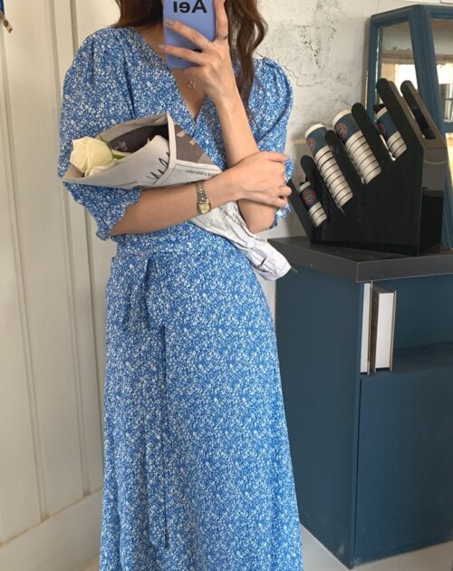Summer V-Neck Short Sleeves Lace-Up Floral Print Midi Dress